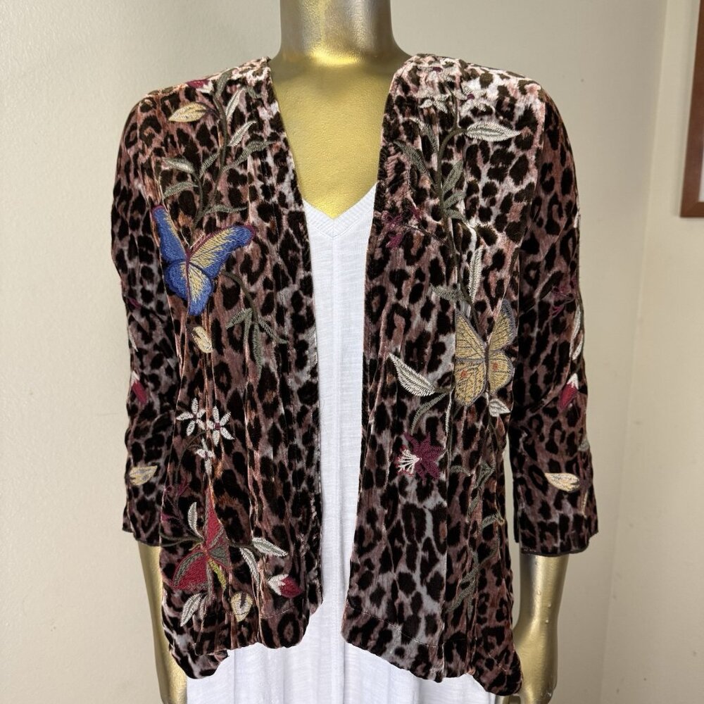 NWOT Johnny Was Penelope Leopard Velvet Butterfly Embroidered Bolero Jacket XS